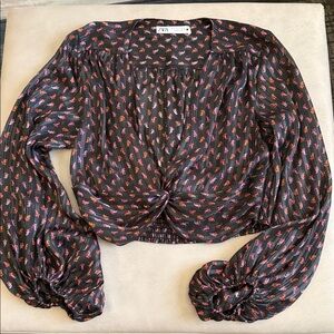 Zara Sheer Black Blouse with Red Accents